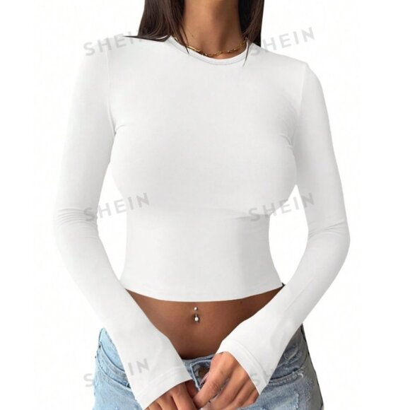 Casual Simple Round Neck Long Sleeve Cropped Tight Fit T-Shirts For Women - Picture 1 of 7